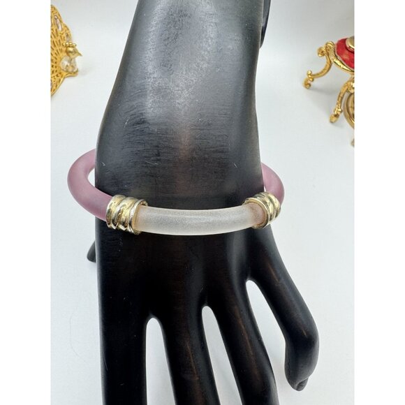 Vintage Frosted Lucite Bangle Bracelets Pink Clear And Pink Whit Metal Accent - Picture 1 of 9